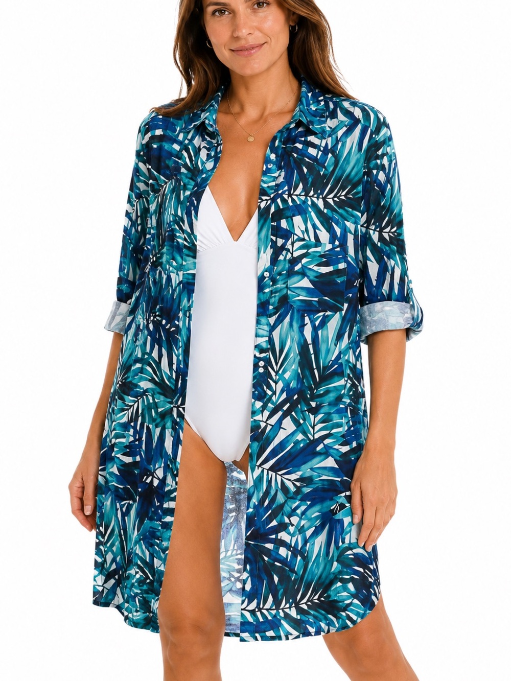 Lands' End Cotton 3/4-Sleeve
Tunic Shirt Dress in Blue Topical Print
